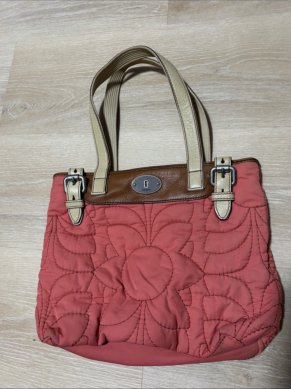 Fossil Coral Quilted Shoulder Bag with Cream Straps and Brown Trim